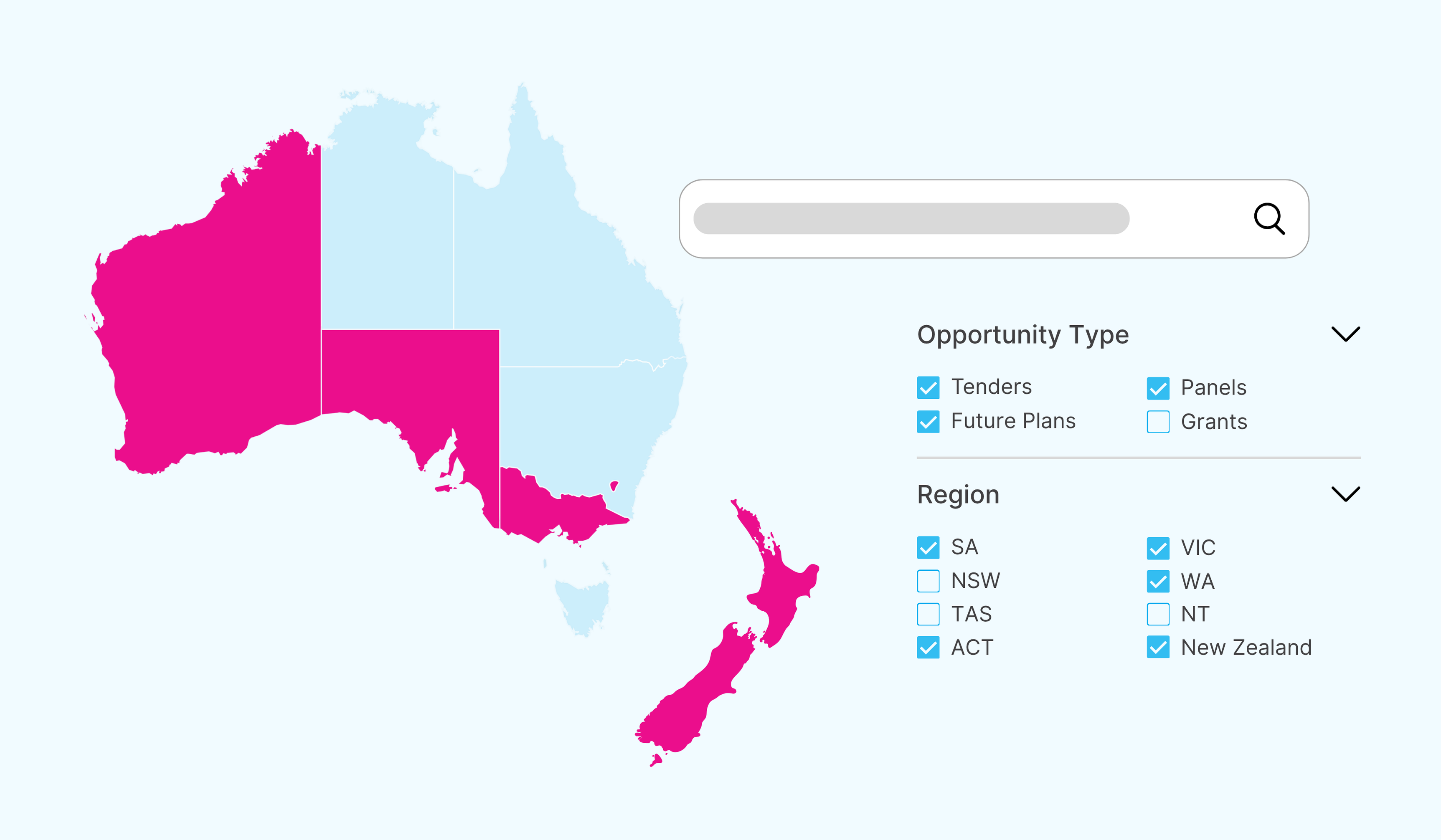 Map of Australia and New Zealand with sidebar filters for opportunity type and region on Consolidated Tenders